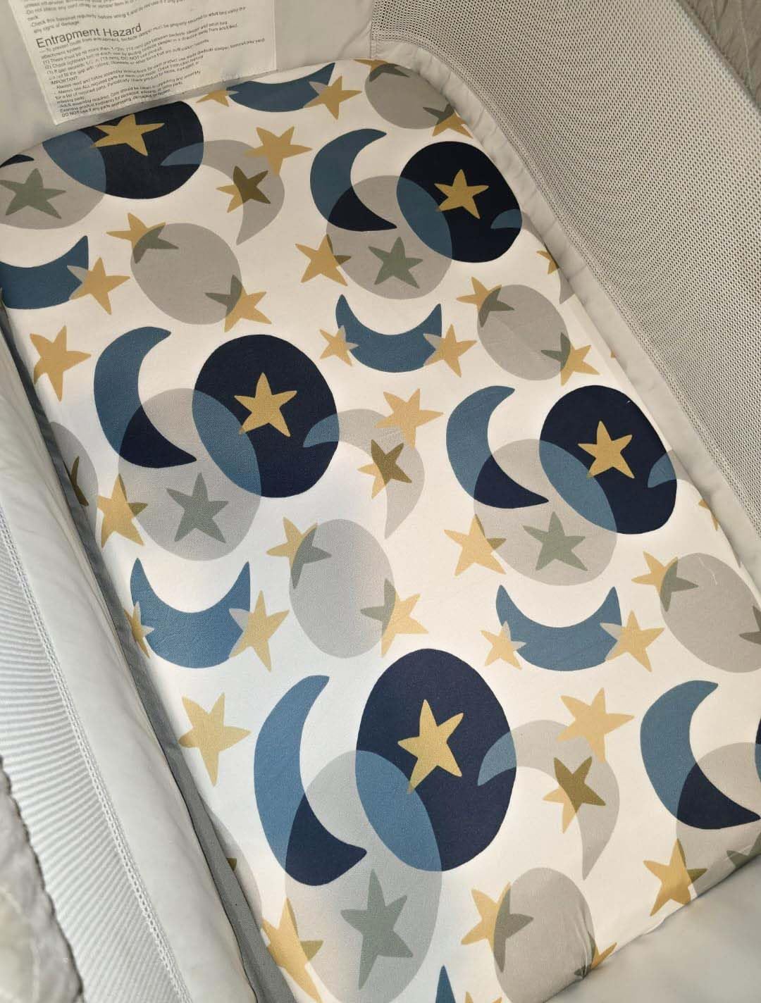 TotAha Space Mini Crib Sheets Fitted, Star & Moon Pack N Play Sheets, Super Stretchy Jersey Knit Playard Sheets, Compatible with Graco Pack N Play Playard Crib and Other Playpen Mattress