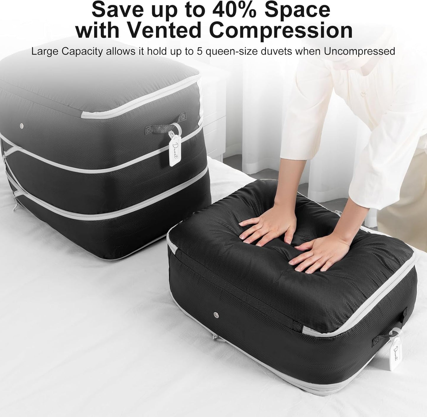 Comforter Storage Bag - Large Capacity Blanket Storage Bags 3-Layer Ultra Space Saving Self Compression Organizer, Washable Compression Bags for Storage Comforter Blanket, 4-Pack, Black