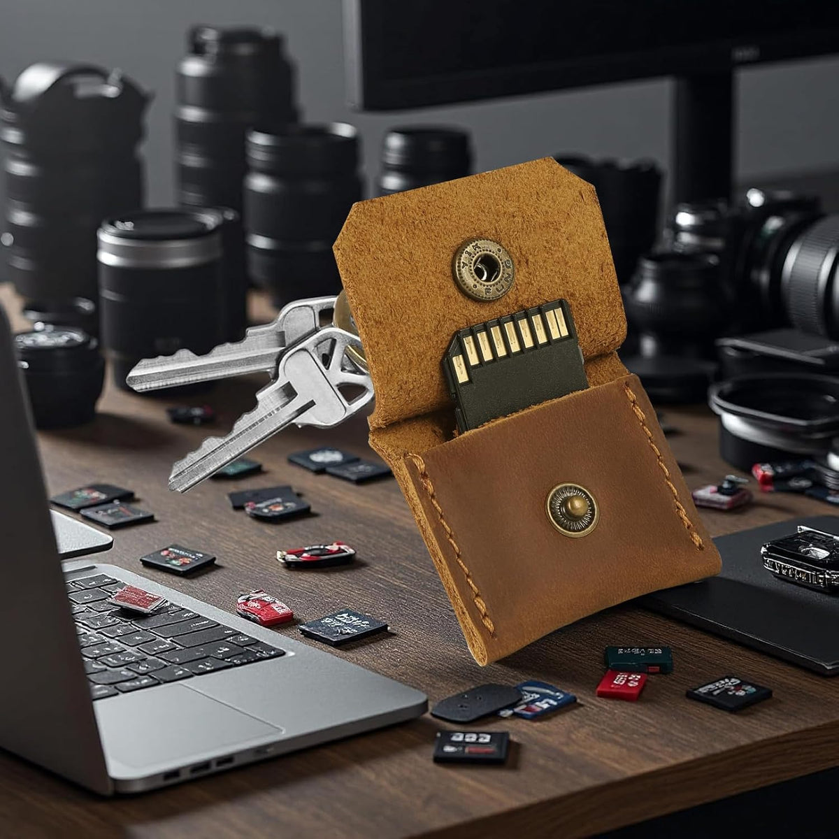 Jack&Chris Genuine Leather SD Card Holder Keychain, Anti-Shock Anti-Dust SD Card Case, Portable Camera Accessories for SD CF CFexpress Micro SD Nano SIM and Micro SIM Cards, Yellow Brown