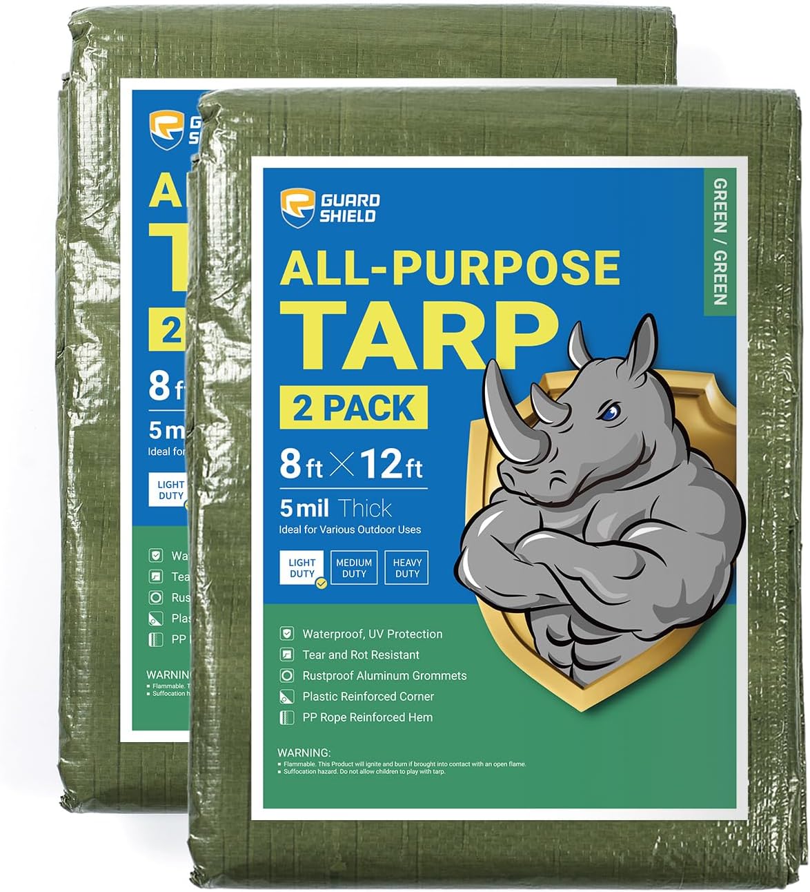 GUARD SHIELD Tarp Green 8x12 Feet Multi Purpose Waterproof Poly Tarp Cover 5mil (2-Pack)