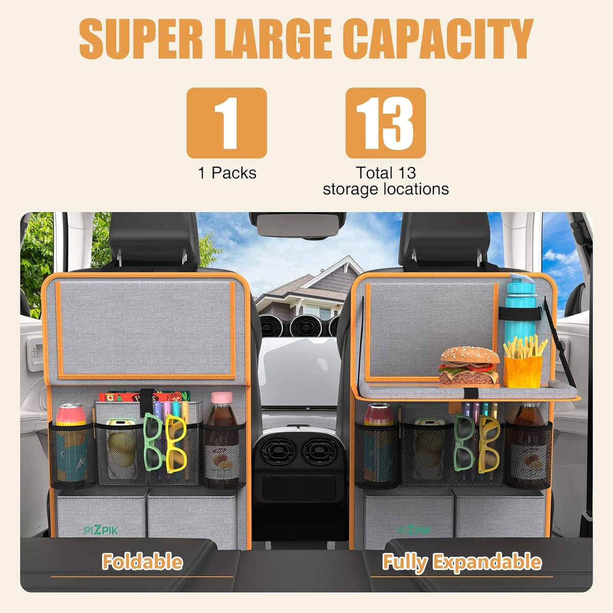 Car Backseat Organizer with Tablet Holder,11 Storage Pockets with Foldable Food Tray, Protector Kick Mats for Kids, Travel Accessories Organizer (Orange, 1Pack)