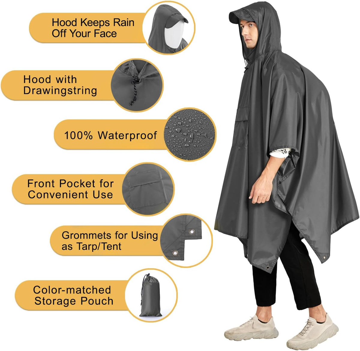 salamra Hooded Rain Poncho Waterproof Raincoat Jacket for Men/Women/Adults with Pocket