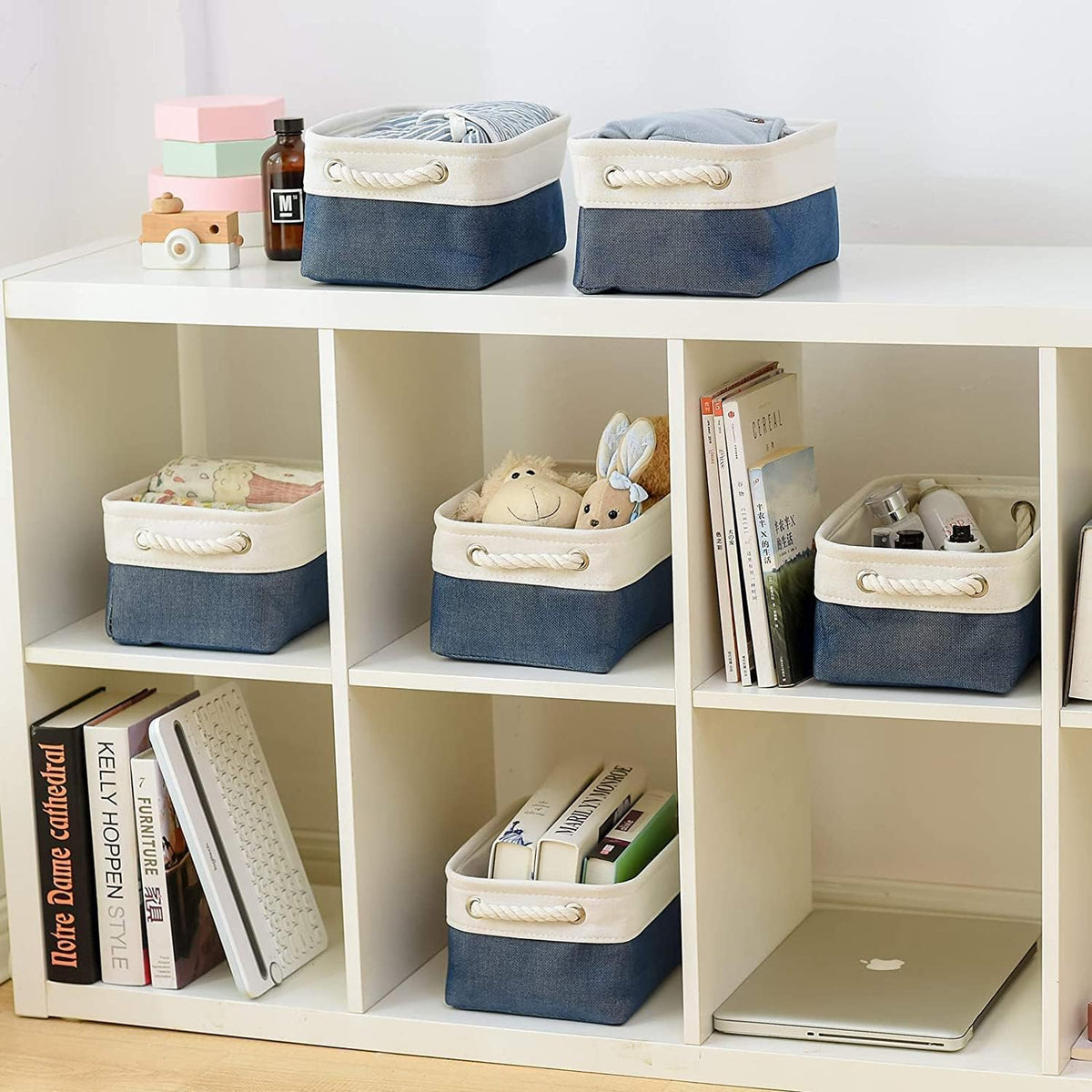TheWarmHome Storage Bins for Shelves - 12x8x5.2 inch 1 Pack Baskets for Gifts Empty, Fabric Storage Cubes for Closet Organizing Dog Gift Cloth Toy (White & Jean Blue)