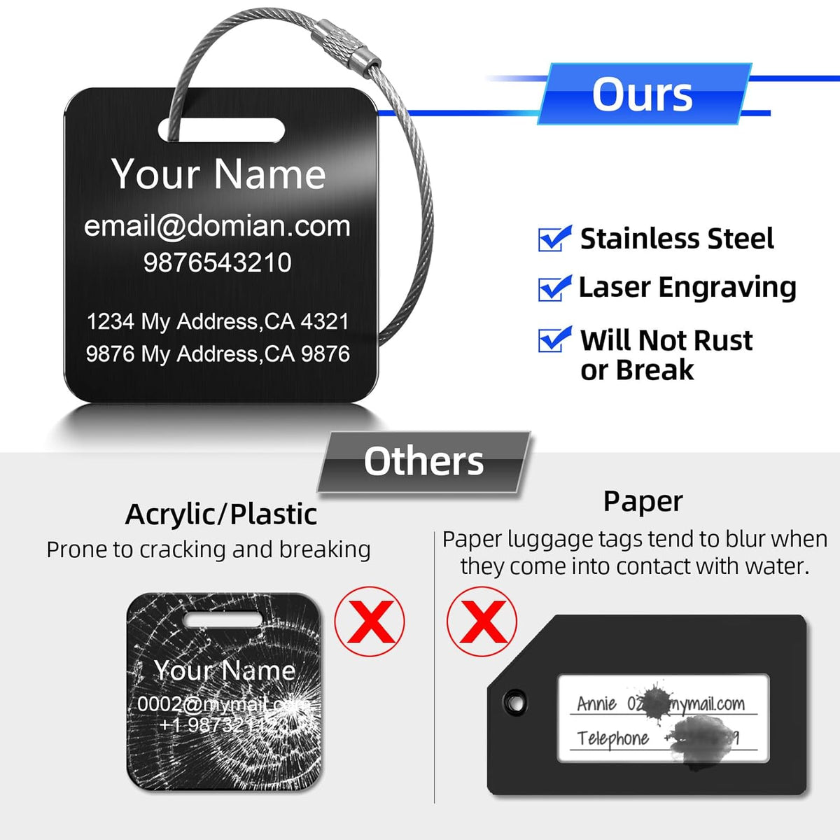 Stainless Steel Personalized Luggage Tags for Suitcases - Custom Name ID Travel Tags for Luggage, Backpacks and Bags - Metal Travel Essentials Accessories for Kids, Women and Men - Bulk Set (2 Pack)