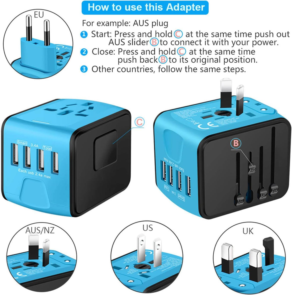 Universal International Travel Power Adapter W/Smart High Speed 2.4A 4xUSB Wall Charger, European Travel Plug Adapter, Worldwide AC Outlet for Europe, UK, US, AU, Asia-Blue