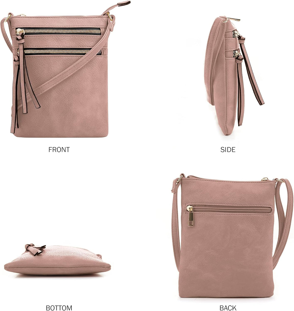DELUXITY | Crossbody Purse Bag | Functional Multi Pocket Double Zipper Purse | Adjustable Strap | Medium Size Purse |Mauve