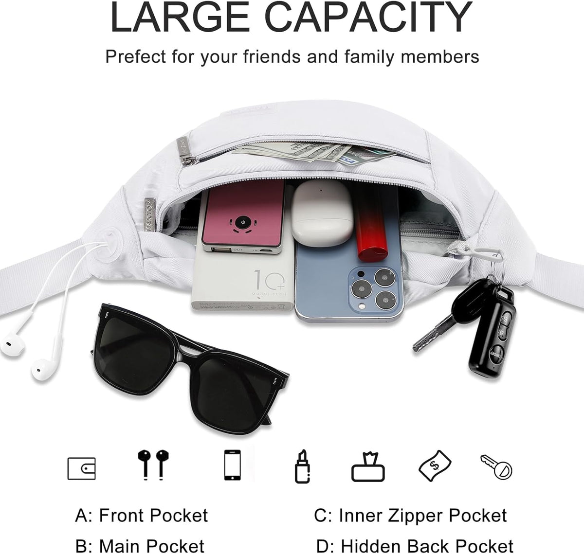 MAXTOP Large Crossbody Fanny Pack with 4-Zipper Pockets,Gifts for Enjoy Sports Festival Workout Traveling Running Casual Hands-Free Wallets Waist Pack Phone Bag Carrying All Phones