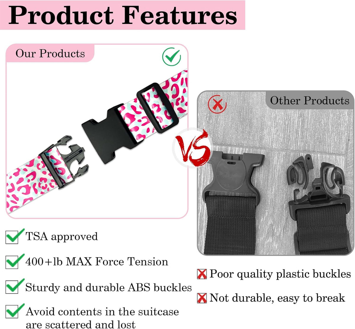 Pink Leopard Luggage Straps for Suitcases TSA Approved, Luggage Identifiers for Suitcase, Adjustable Suitcase Strap for Baggage Security with Cute Patten, Travel Necessary Accessories