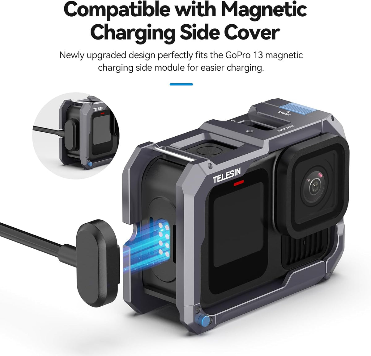 TELESIN Upgraded Aluminum Alloy Cage Frame Housing for Go Pro 13 12 11 10 9 Black, Supports Go Pro 13 Quick-Release System & Magnetic Charging, with 1/4" Thread & Cold Shoe for Video Light Microphone