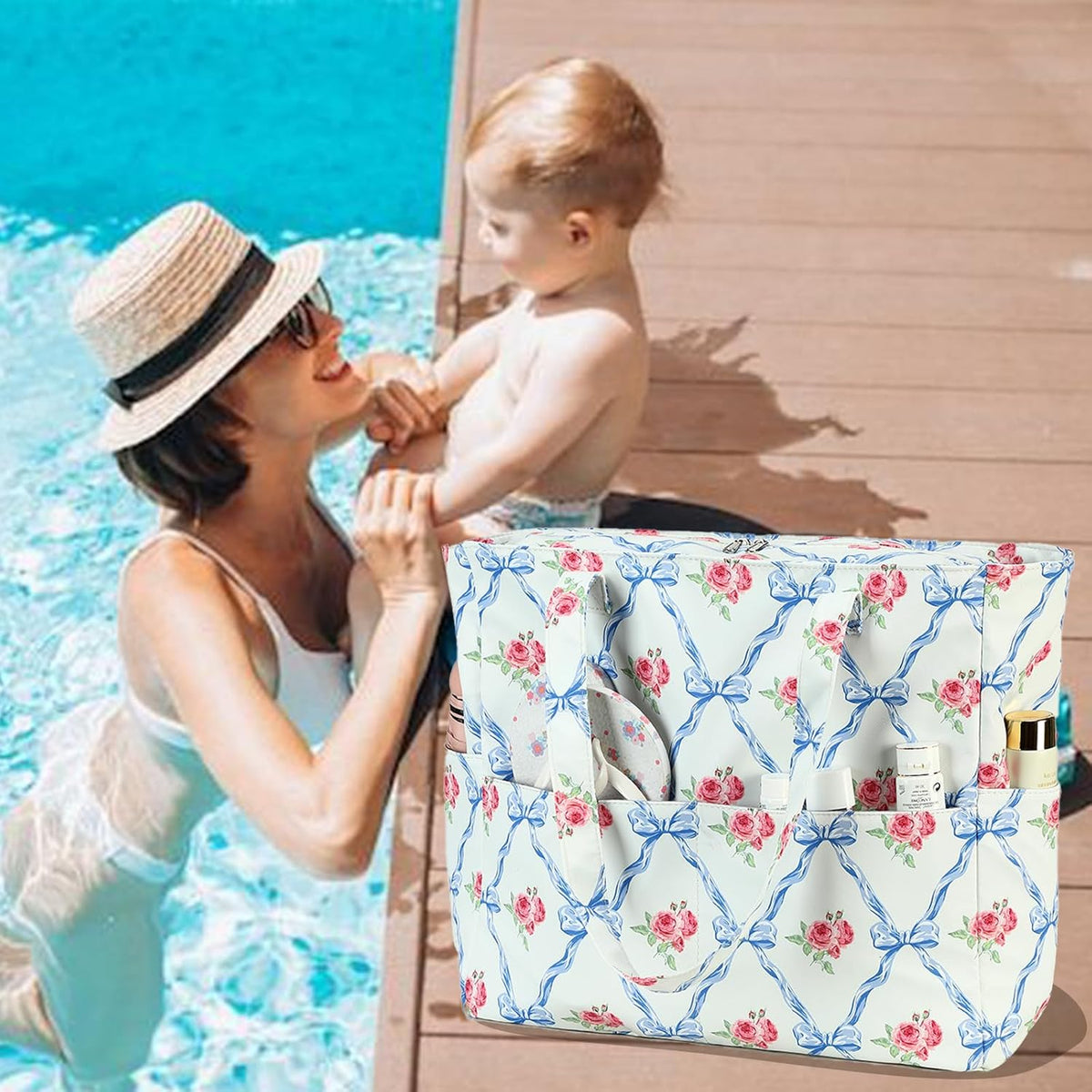 LEDAOU Beach Bag Waterproof Sandproof Women Tote Bag Pool Bag with Zipper for Gym Grocery Travel with Wet Pocket