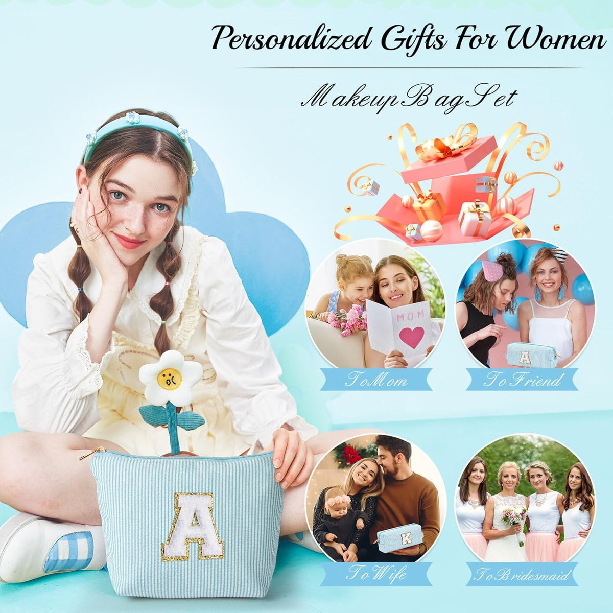 YOOLIFE 2 Travel Makeup Bags for Women - Cute Makeup Bag Makeup Bag Organizer Make Up Bag Travel Essentials Makeup Bag Personalized Gifts Friend Gifts for Women Teenager Bridesmaids Letter B