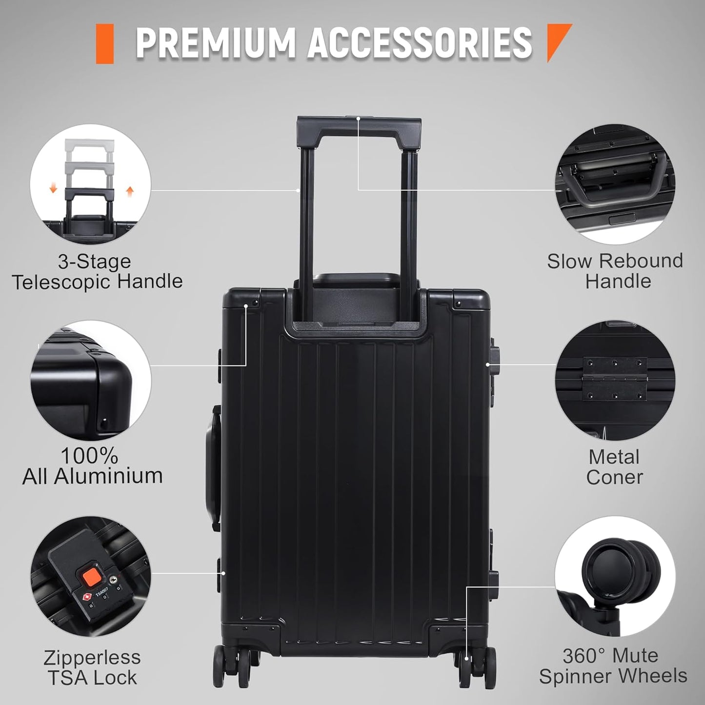 UrbanExplorer 24Inch All Aluminum Check In Luggage Heavy Duty Hard Shell Suitcases with Spinner Wheels, Zipperless Suitcase with TSA Lock, Large Luggage for Business Travel, Black