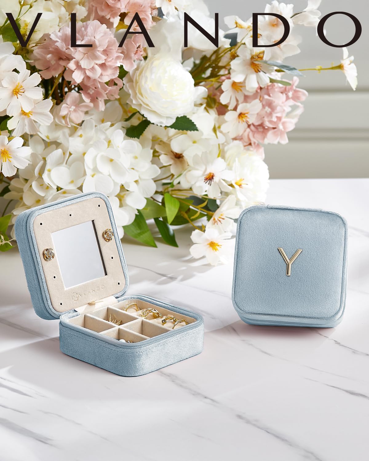 Vlando Velvet Travel Jewelry Case, Jewelry Travel Box for Women, Travel Jewelry Organizer, Small, Portable Jewelry Boxes with Mirror - Blue