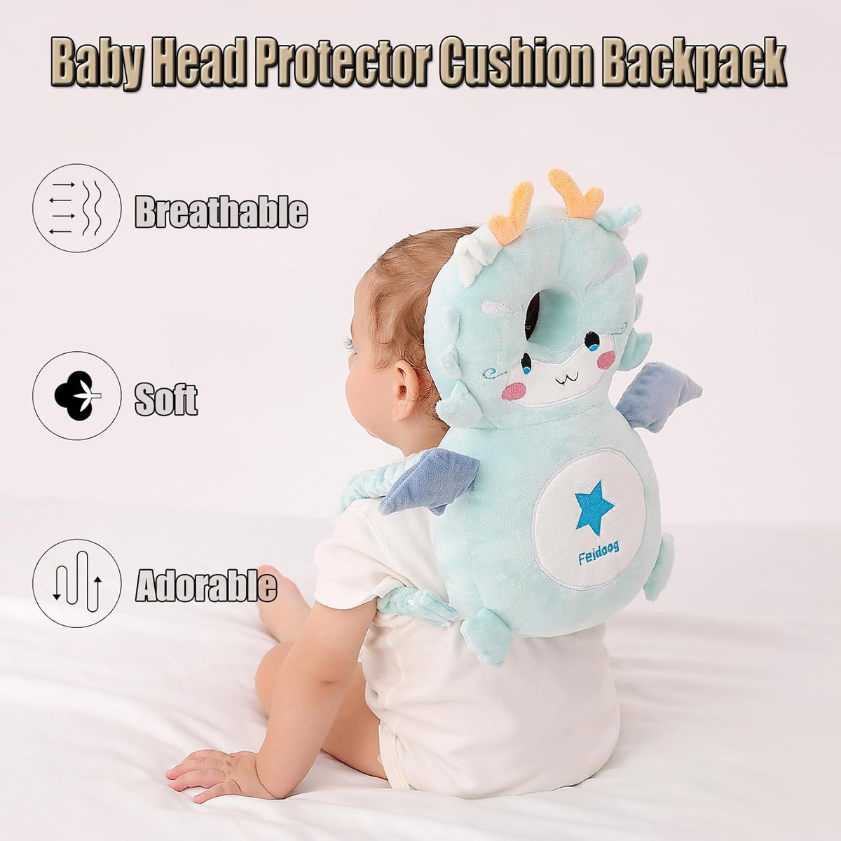 Feidoog Baby Head Protector Cushion Backpack with 3 Knee Pads for Walking & Crawling,Blue Dragon