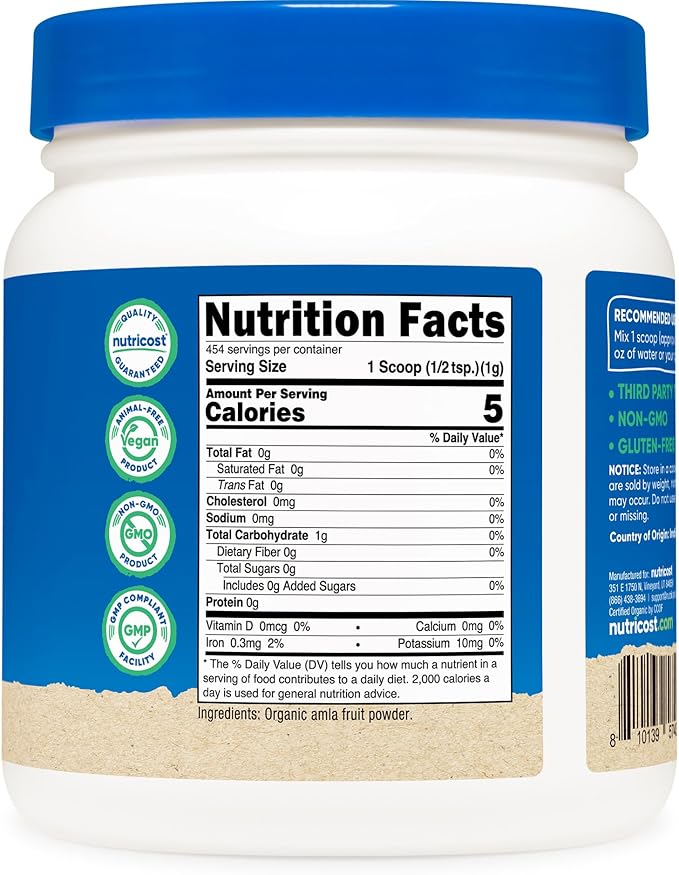 Nutricost Organic Amla Powder 1 Pound (Unflavored) - 1 gram per Serving, Vegan, GMO-Free