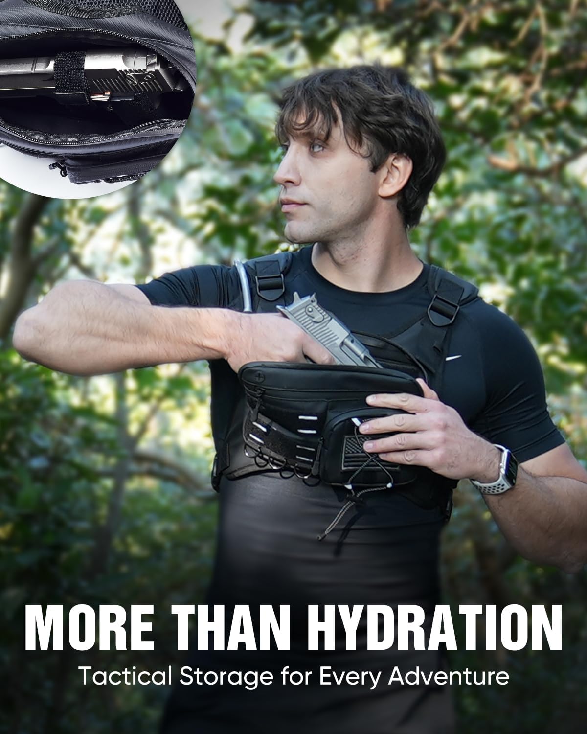 Running Vest with 2L Water Bladder, USA Original Patent, Lightweight Adjustable Chest Pack with Pistol Holster, Reflective Running Hydration Vest for Women Men for Marathon