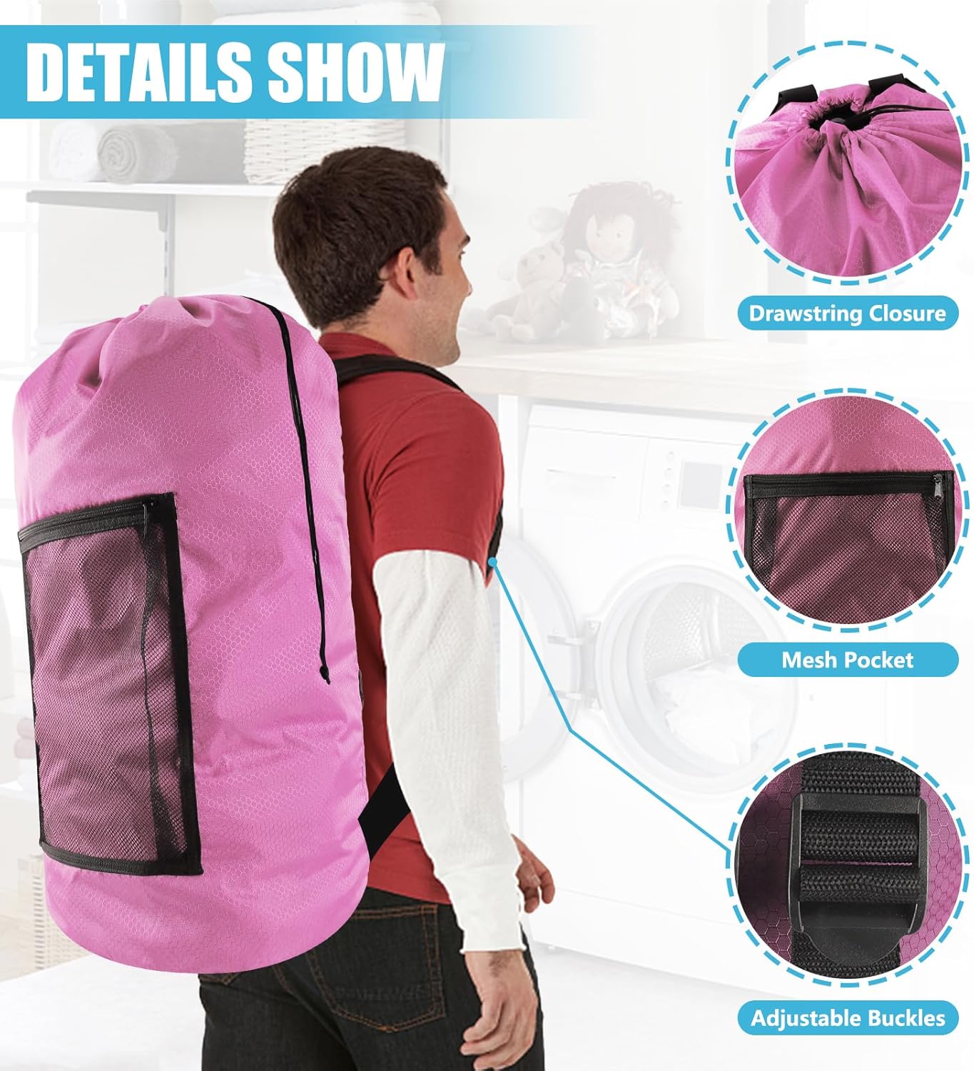 Laundry Bag Backpack,Olosar 2PCS Extra Large Travel Laundry Bag with Mesh Pocket & Adjustable Shoulder Straps,Dirty Clothes Travel Bag for College Students Dorm,Apartment(Pink)