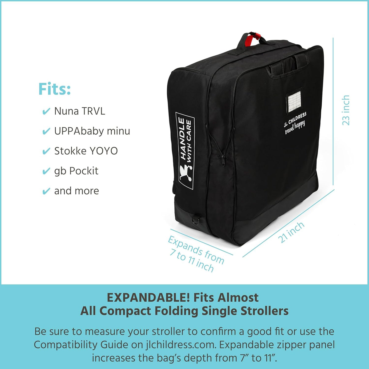 J.L. Childress Compact Travel Stroller Bag for Airplane - Fits Most Compact-Fold Single Baby Strollers, Compatible with UPPAbaby MINU, GB Pockit, Nuna TRVL & More, AirTag Compatible - Black