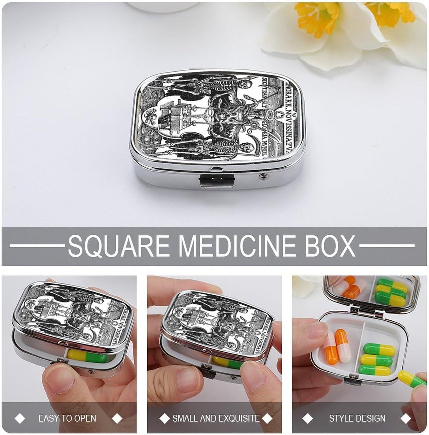 Metal 2 Compartment Pill Organizer Travel Friendly Portable Compact Pill Box Cute Pill Case to Hold Vitamins,Fish Oil,Supplements,Meds,Tablet for Purse,Pocket. (Skeleton Warrior)