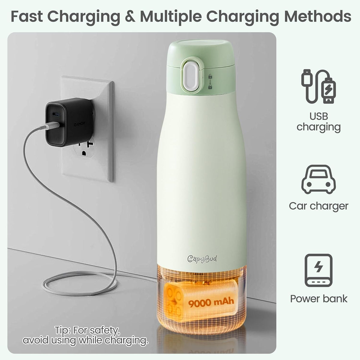 Portable Bottle Warmer for Travel, 3 Min Fast Heating for Breastmilk & Water, 12 Oz Milk Warmer with 5-Level Smart Temp Control, 9000mAh Battery to Meet Your All-Day Needs