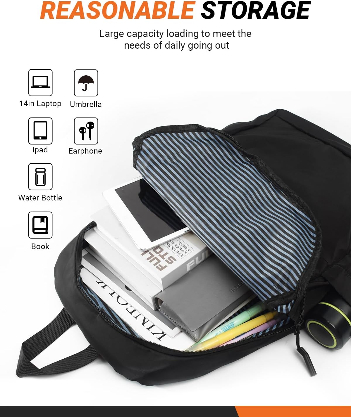 Multi-Pocket Laptop Backpack, 24L Capacity, Fits 14-inch Laptop, 16.9x12.6x5.5 inches, 1.1 lbs, Black/Navy/Gray (Blue)