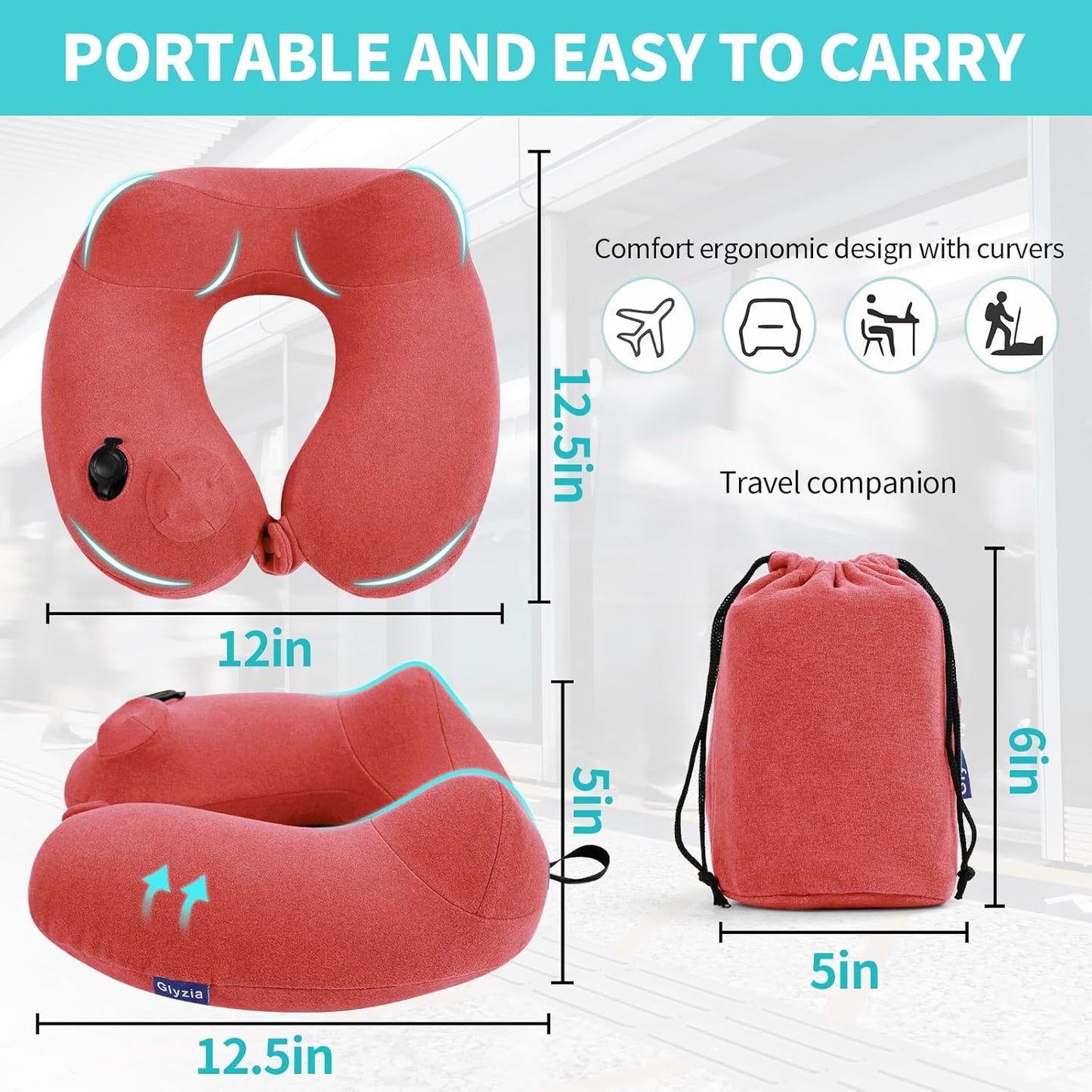 Inflatable Travel Neck Pillow for Airplane, Head Support Velvet Adult Neck Pillow for Long Flight, Kit with Eye Mask, Earplugs and Storage Bag,1, Rose Pink