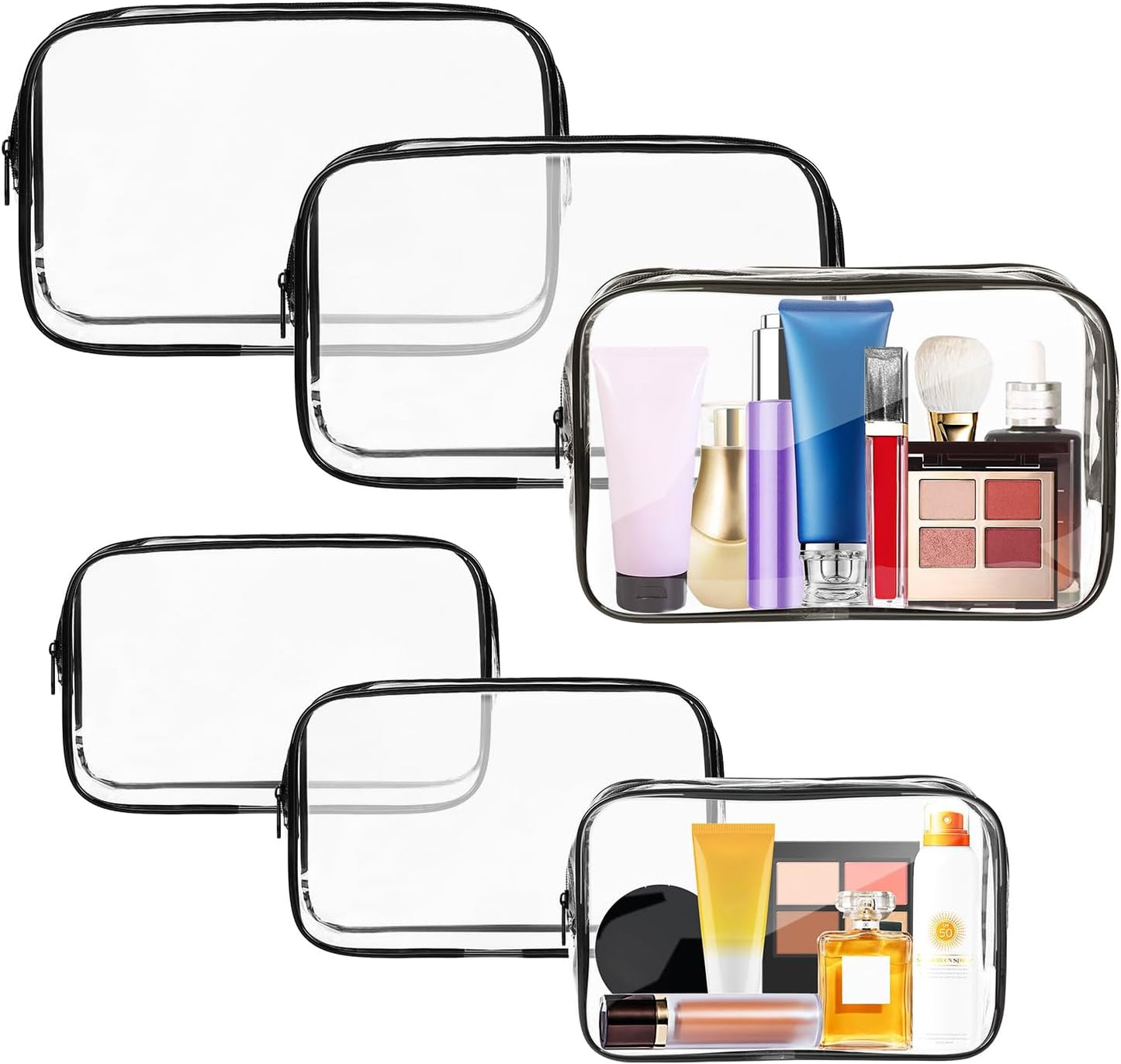 AURUZA 6 Pack Clear Toiletry Bag,Portable Travel Makeup Bags with Zipper, TSA Approved Clear Organizer Bags, PVC Cosmetic Pouch for Airport Airline Compliant (6 Packs Black)