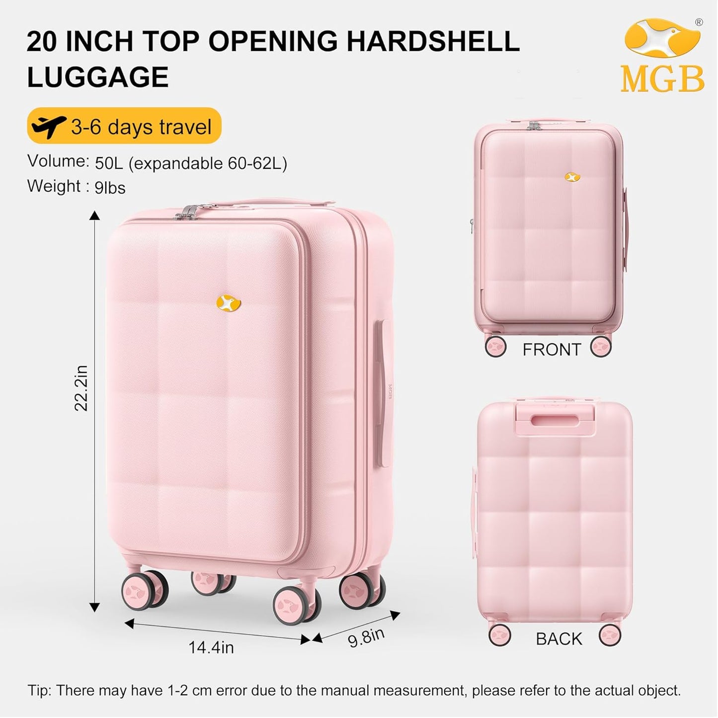 MGB 20 Inch Expandable Carry On Luggage with Wheels PC Hard Shell Suitcase Top Opening Travel Luggage Suitcases for Woman Men Gifts (Pink)
