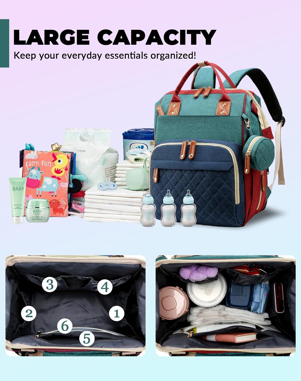 Diaper Bag with Changing Station, Waterproof 3 in 1 Diaper Backpack with Foldable Changing Pad, Baby Registry Search &Baby Shower Gifts - Newborn Essentials, Red-Green-Blue