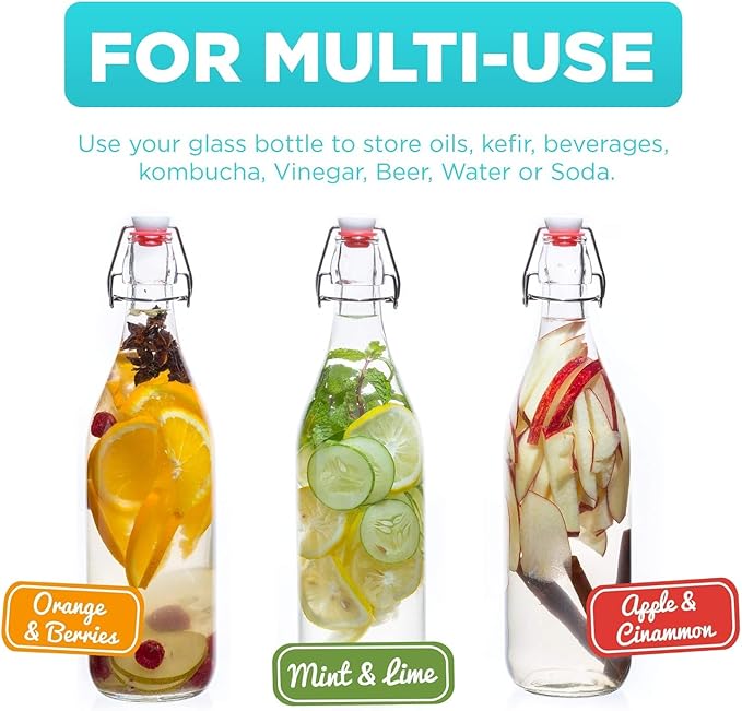 WILLDAN Swing Top Glass Bottles [1 Liter / 33 fl. oz.] [Pack of 6] Flip Top Brewing Bottle w/Leak Proof Stopper Lids for Fermentation, Kombucha, Mead, Vinegar, Beer, Kefir, Wine, Water, Soda
