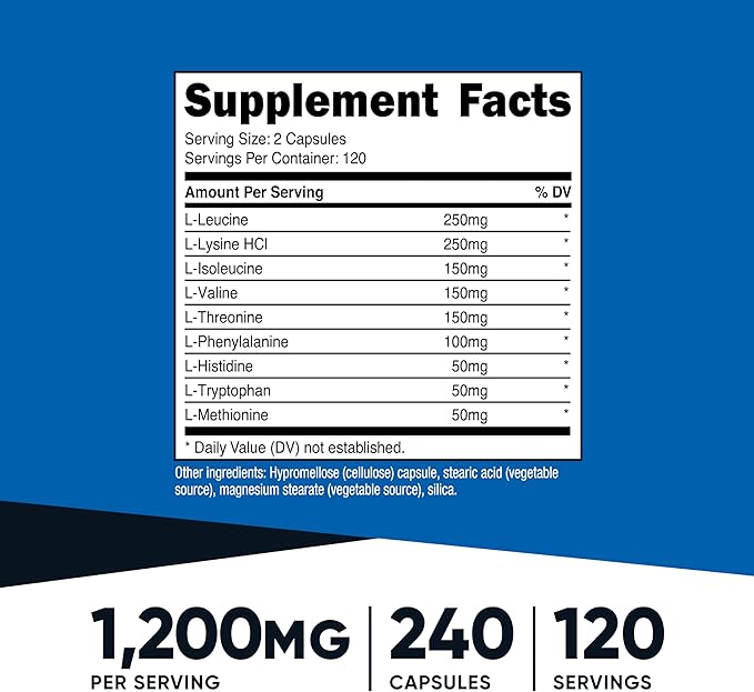 Nutricost EAA Capsules 1200mg, 240 Capsules - Essential Amino Acids, 120 Servings - Non-GMO, Gluten Free & Vegan