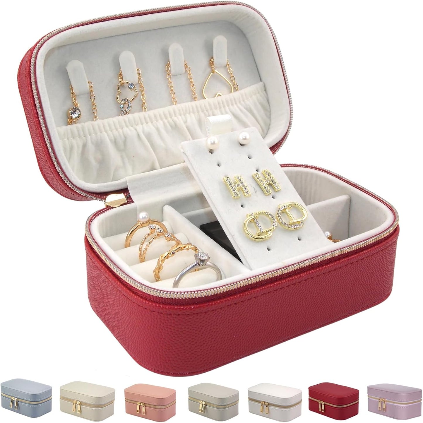 Small Jewelry Travel Case For Womens Small Rectangle PU Leather Jewelry Box With Zipper 2.56" H Portable Travel Jewelry Case For Earring Rings Necklaces Bracelets Red Jewelry Gifts Box
