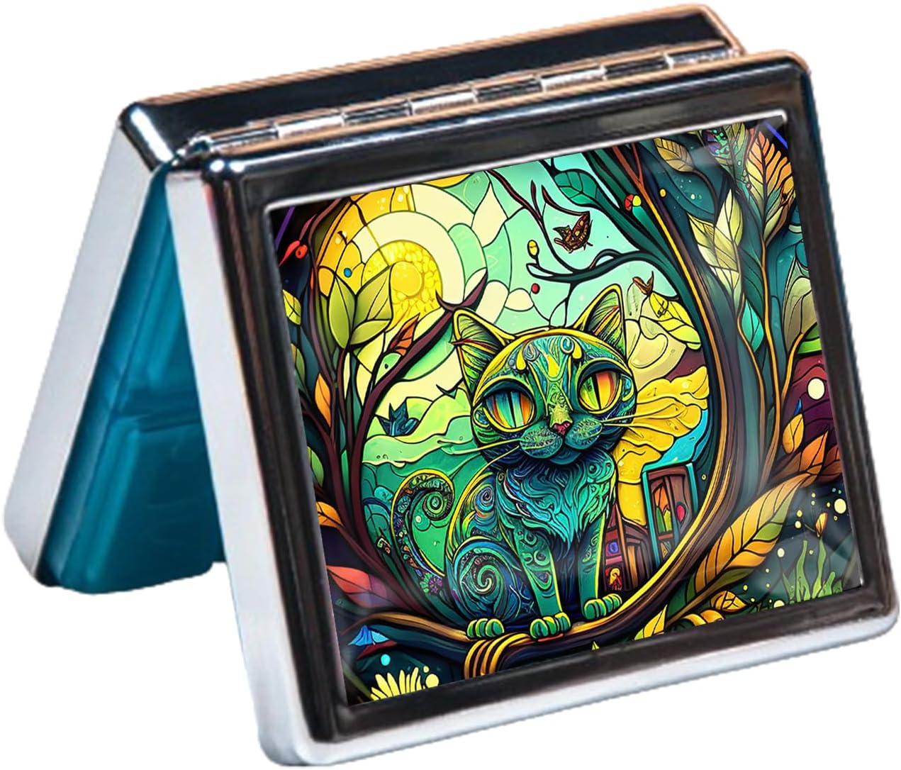 Silver Vintage Pill Box 7 Day Metal Pill Box with Mirror and 8 Compartments Cute Travel Pill Organizer for Purse (Stained Glass Cat)