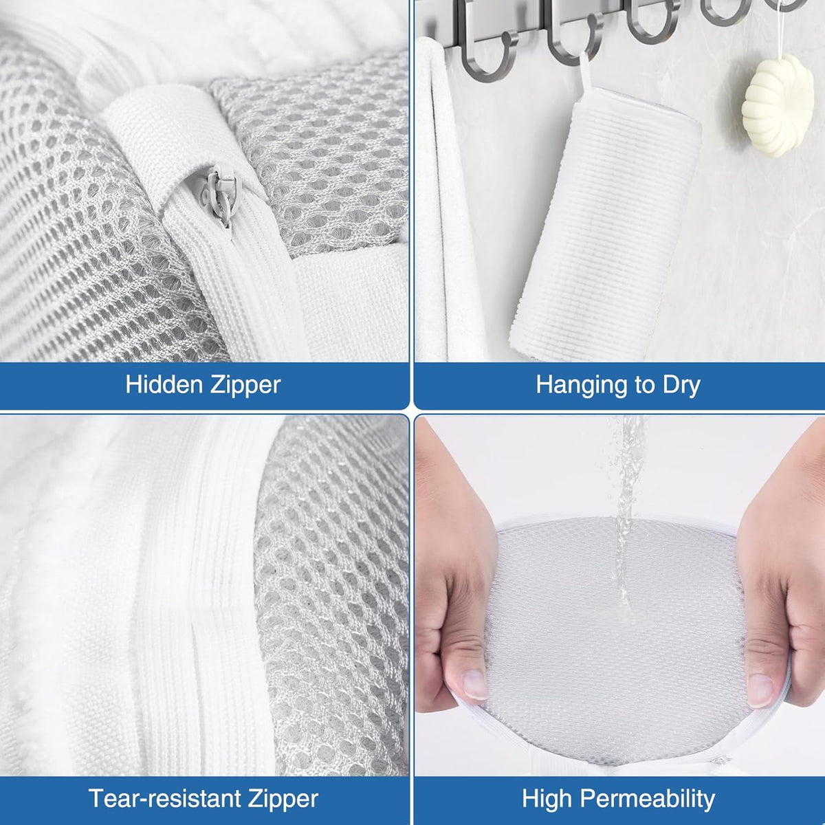 Shoe Washing Bag for Washing Machine, Fluffy Fibers Keep 360° Wrap-around Cleaning, 2 Pairs Adjustable Shoe Trees, Durable Hidden Zipper Reusable Shoe Laundry Bag for Sneaker Gym Shoes White