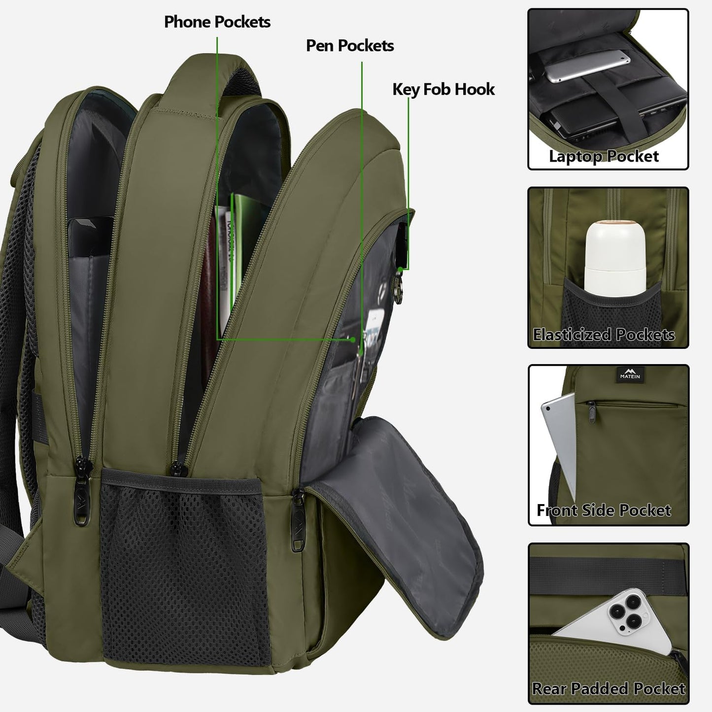 MATEIN 15.6 Inch Travel Laptop Backpack, Sturdy Computer Backpack for Women Men with USB Charging Port, Lightweight Fashion Water Resistant Traveling Backpack Casual Daypack for College Offic, Green