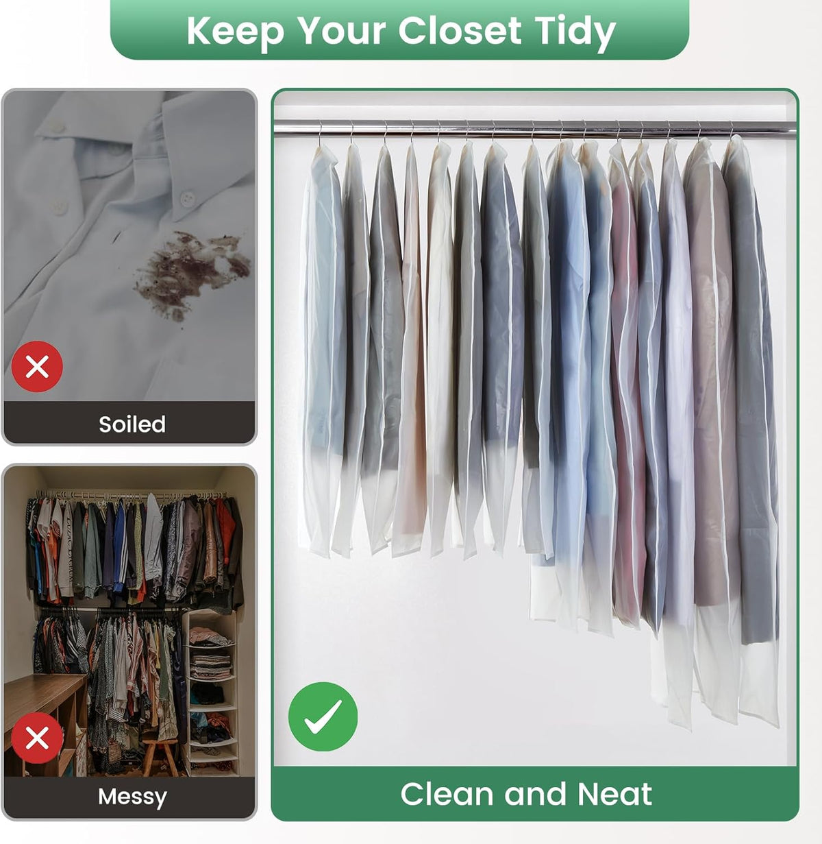 6 Pack Translucent Garment Bags for Hanging Clothes - Frosted Clothes Storage Bags for Suits, Shirts, Dresses, Closet Storage, Travel - 24" x 40"/47"/55"