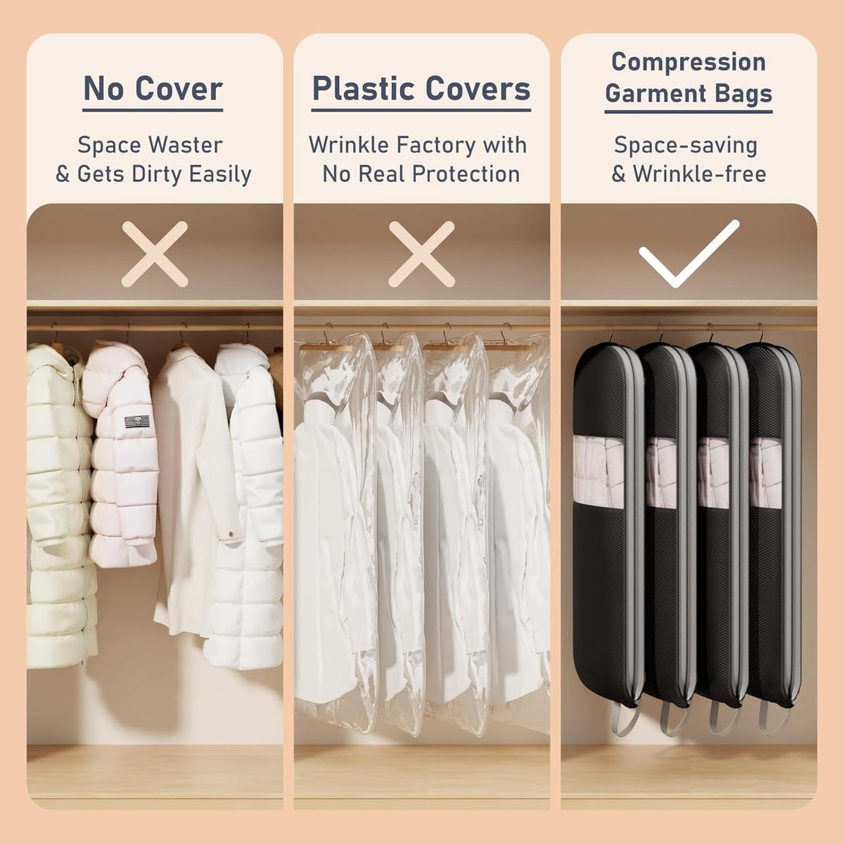 DIMJ 3 Pack 43" Garment Bags for Hanging Clothes - Space Saving Compression Suit Bag Travel with Handles Window, Washable Carry Clothing Storage Cover for Dress, Coats, Down Jacket, Shirts