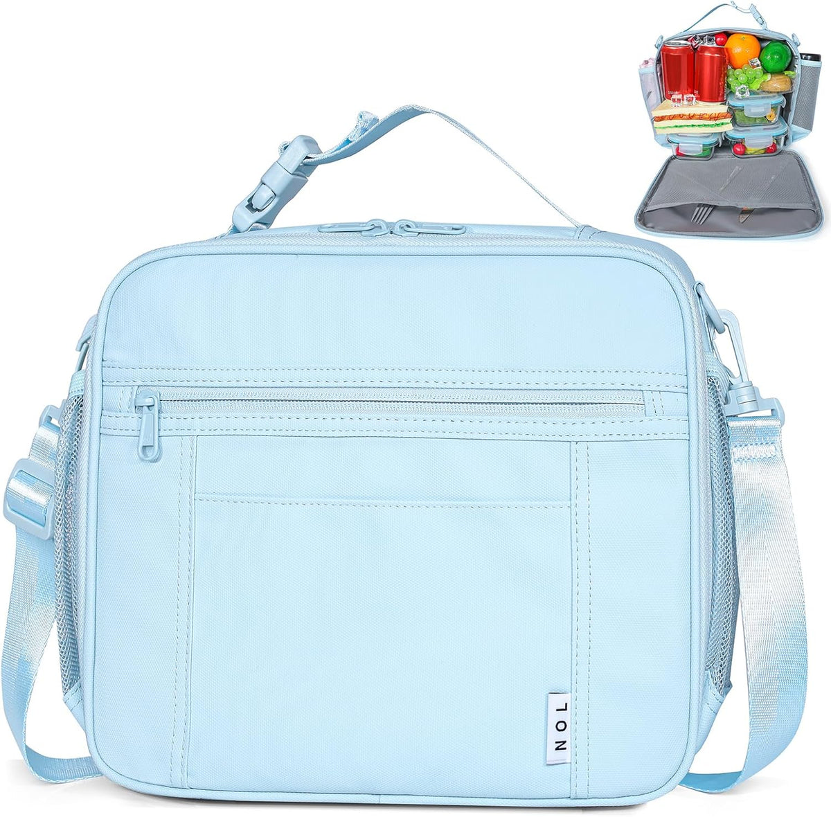 NOL Kids Lunch Bag - Kids 3+ Reusable Insulated Lunch Box with Zipper Closure Buckle Handle Adjustable Long Shoulder Strap, Easy-Clean Waterproof Fabric, Children Lunch Tote Bag for School -Light blue