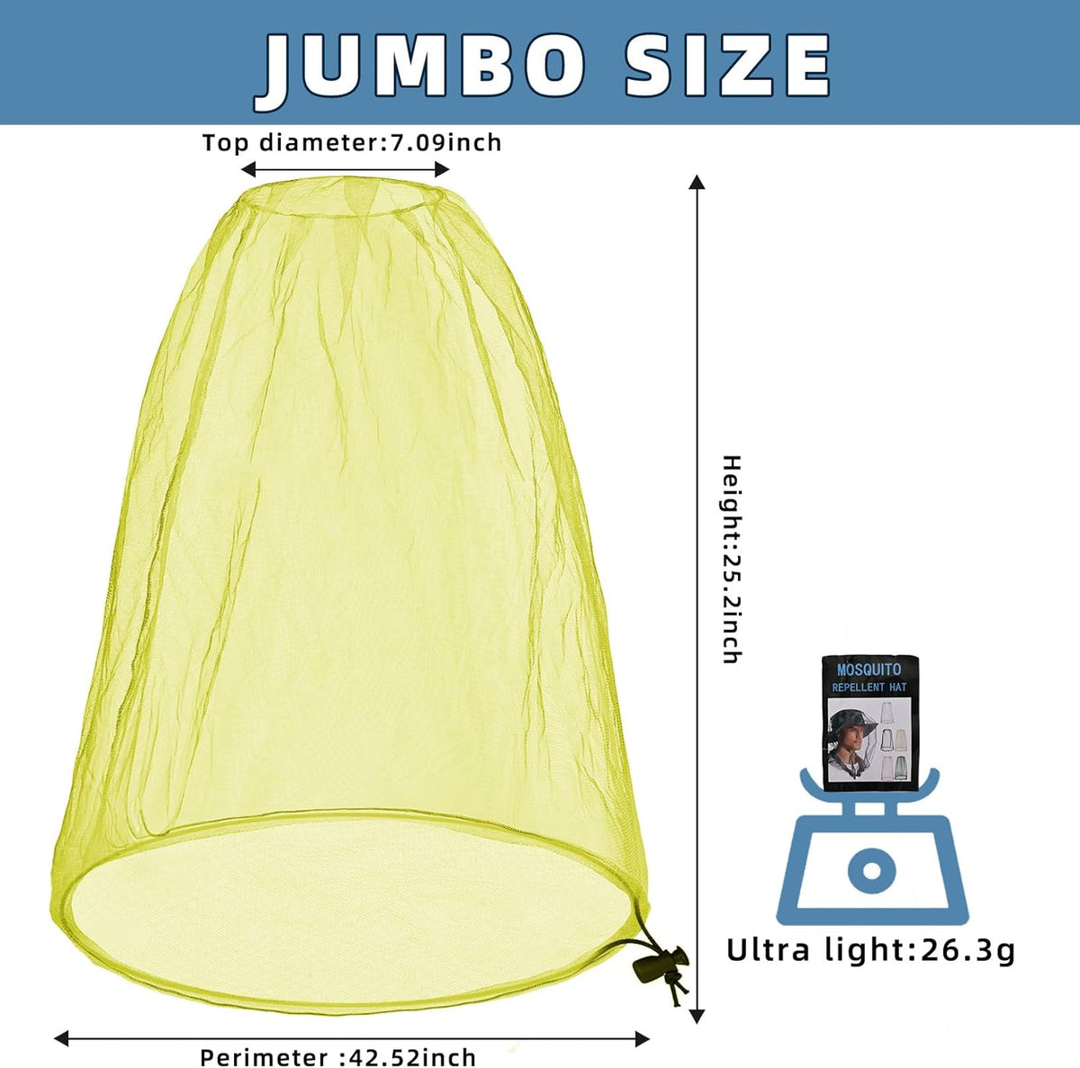 Oversized Mosquito Net 42 x 25 Inches Ultra Large Mosquito Head Net Face Neck Fly Mesh Netting Fits All Hats for Outdoor Camping Hiking Fishing Gardening Safari(Yellow)