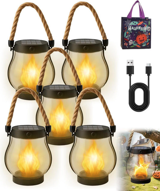 Kaliqo Solar Lantern Outdoor Lights - Official, Waterproof Kaligo Solar Flame Lights Hangable with Dancing Flame, Hemp Rope Hanging Flame Lanterns,Dual Charging Modes, Smokeless (5pcs)