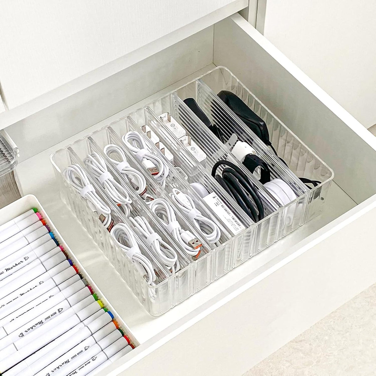 Yesesion Clear Cord Organizer Box for Desk Drawer, Plastic Cable Storage Container with Adjustable Compartments and Wire Ties for Phone Charger, Battery, Art Crafts, Electronics Accessories Case