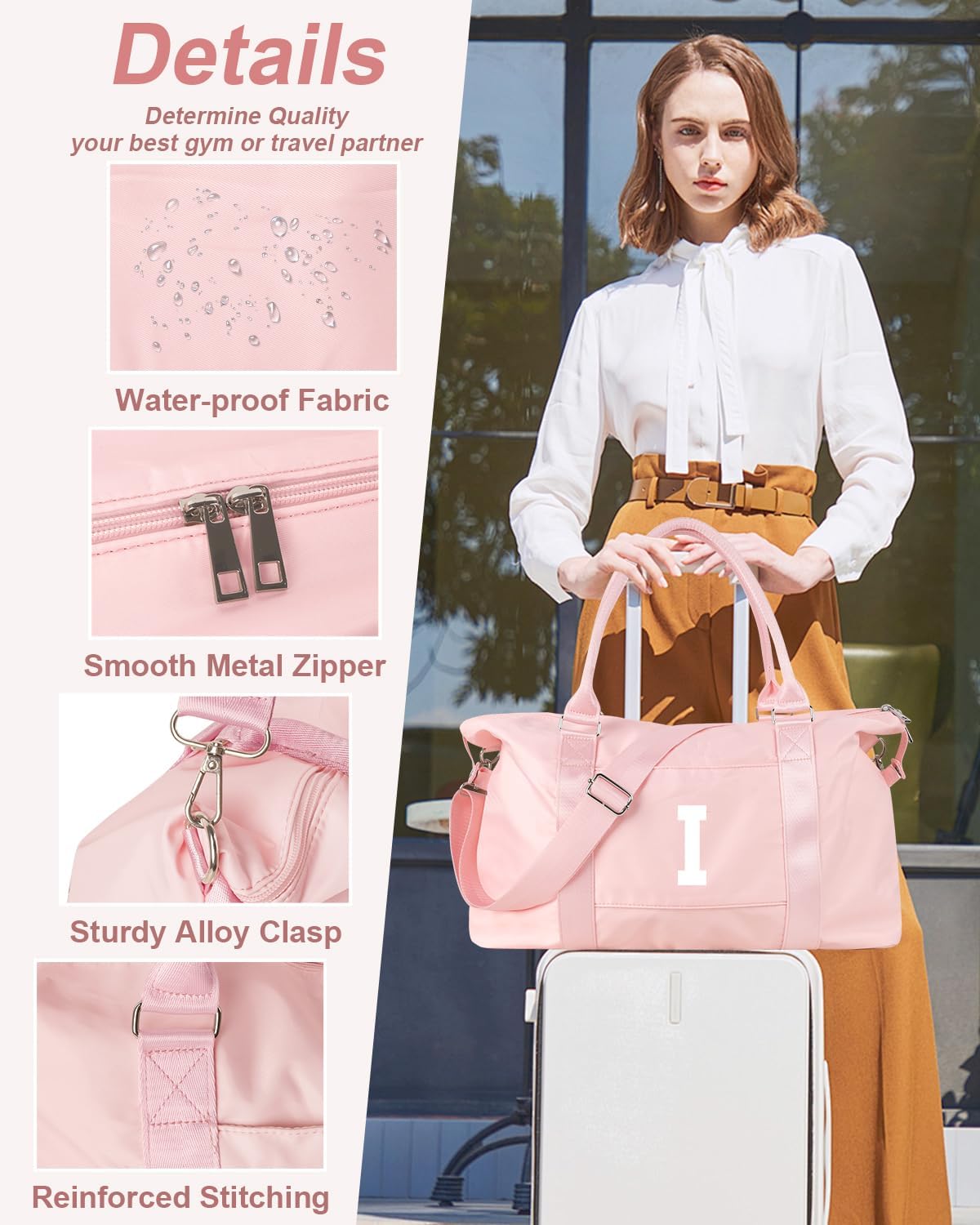 Initial Travel Duffel Bag Sports Gym Bag for Girls Teen Birthday Gifts,Pink Personalized Weekender Bag Carry On Tote Bags for Women Men,Waterproof Overnight Luggage Bag with Trolley Sleeve(Letter I)
