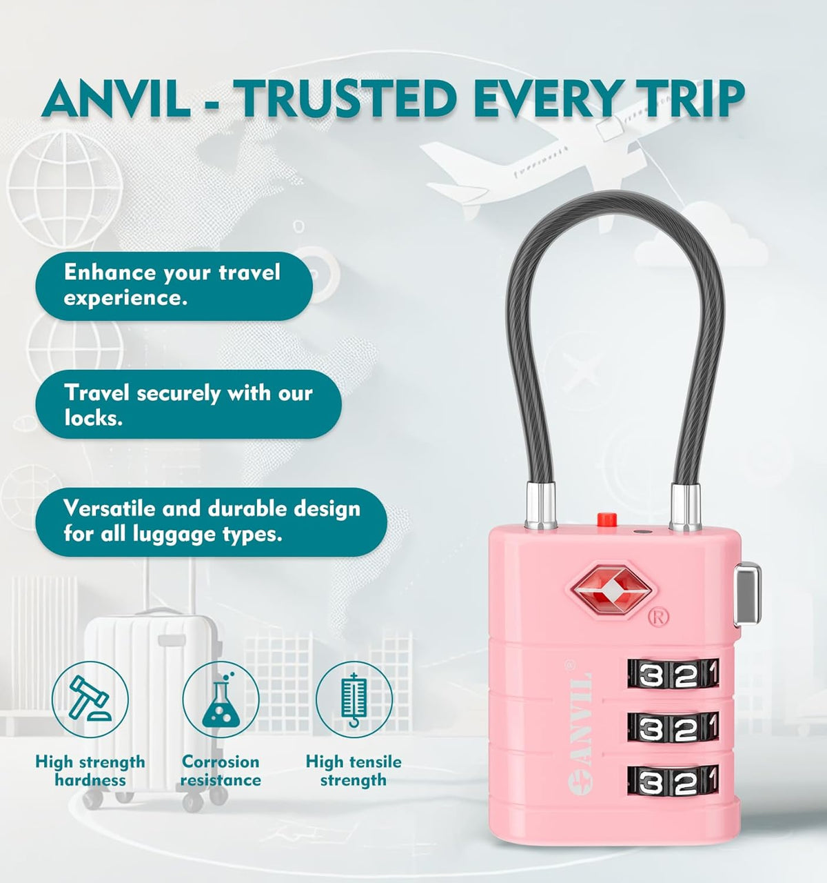 ANVIL TSA Approved Luggage Locks – High Security TSA008 Combination Travel Locks with Inspection Indicator for Suitcases and Backpacks. (4 Colors)