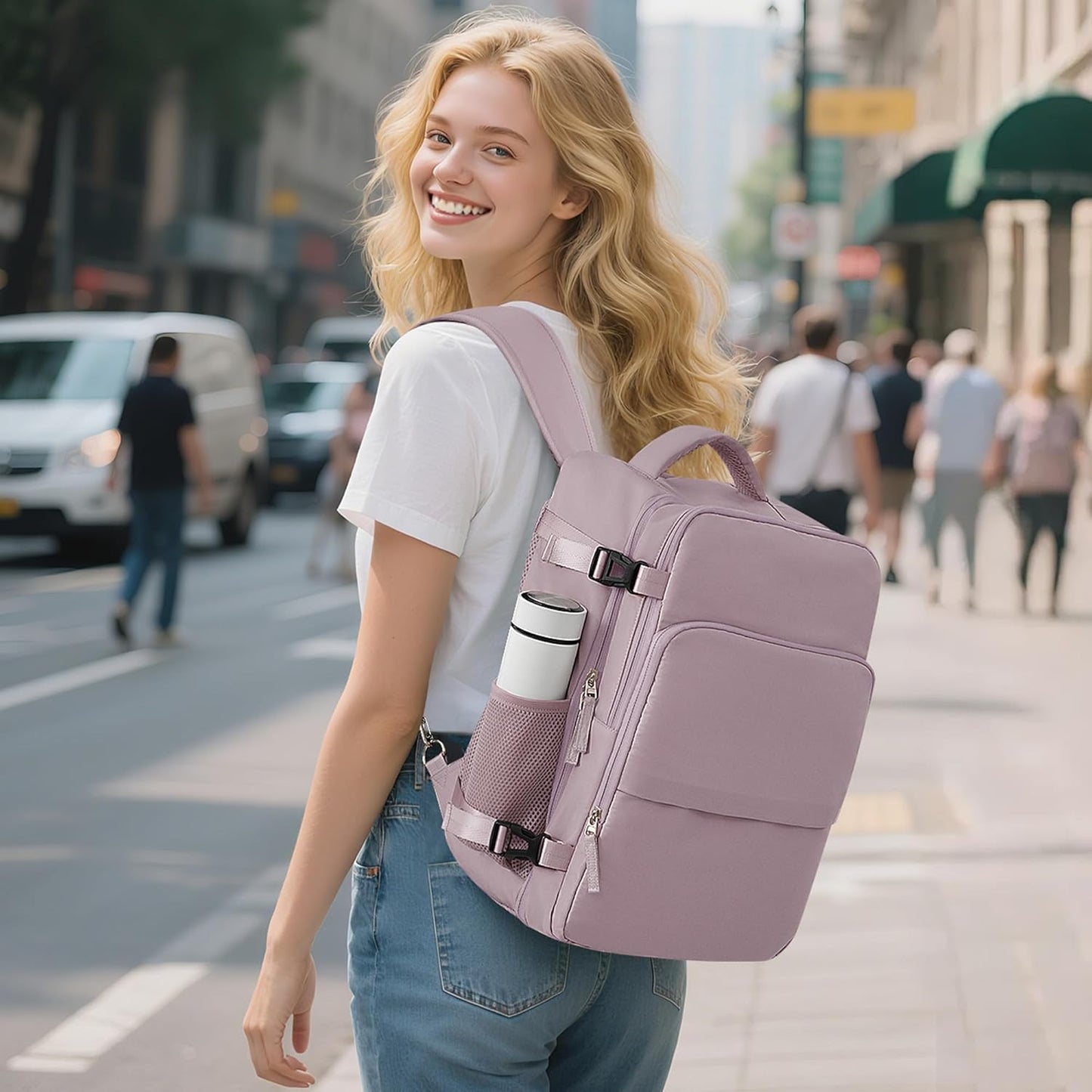 Travel Backpack, Carry on Flight Approved Backpack with Multi-Pockets, TSA Waterproof 17.3inch Laptop Backpack, Personal Item Travel Bag for Men Women, Light Purple