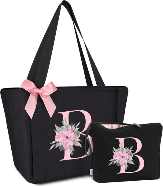 Vavabox Tote Bag, A-Z Initial Monogrammed Waterproof Tote Bag, Bridesmaid Gifts for Women, Black and Pink