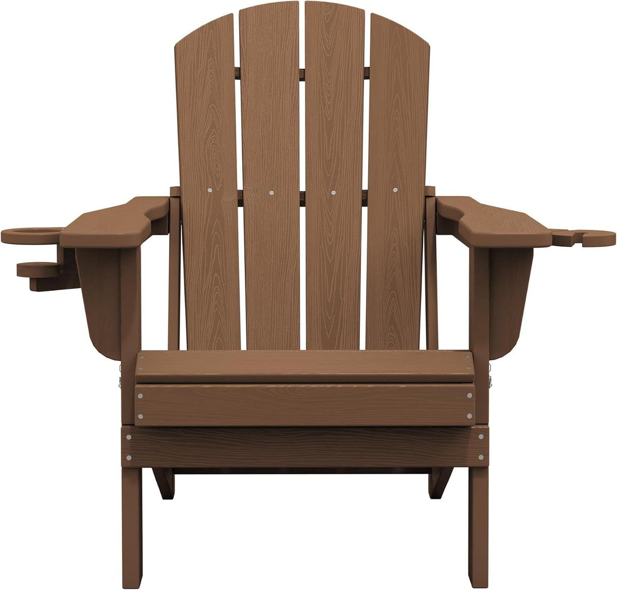 SERWALL Folding Adirondack Chair, Dual Cup Holders & All-Weather HDPE, Wood-Like Patio Chair for Backyard, Camping，Pool & Fire Pit- Brown