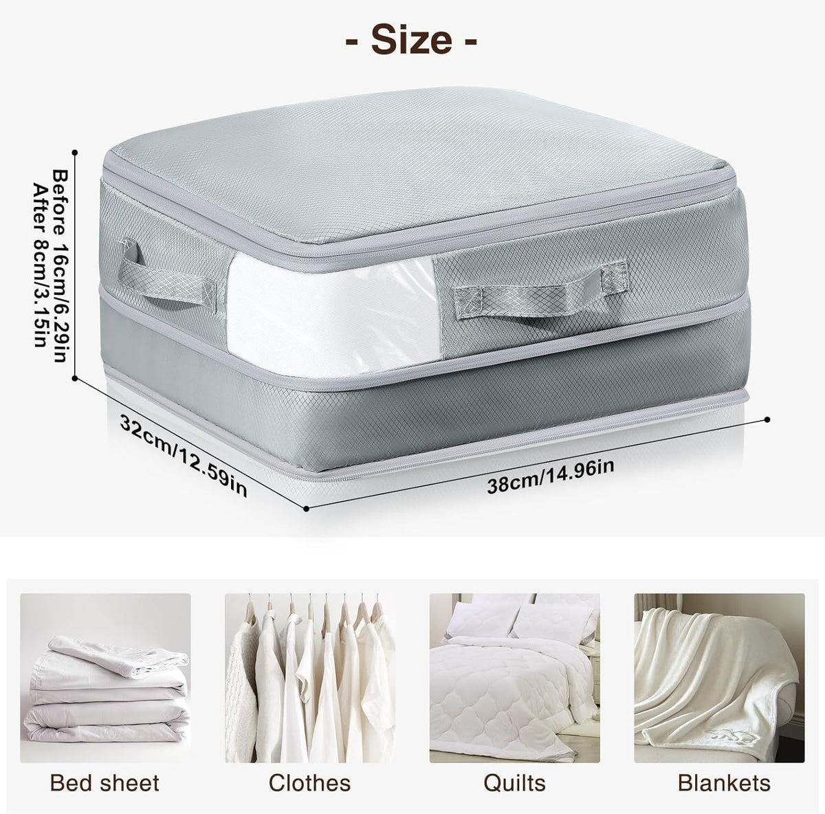DIMJ Clothes Storage Bag 6 Pack, 19L Compression Storage Bags for Blanket, Sweater, Jacket, Closet, Sheet Storage Organizer with Window Handle, Space Saver Storage Bags with Zipper, Gray