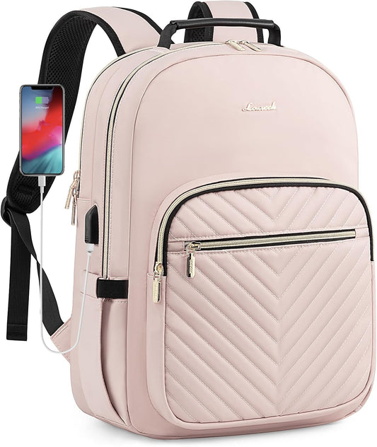 LOVEVOOK Laptop Backpack Purse for Women, Work Travel Computer Bags, College School Backpack for Student Girl, Quilted Casual Daypack with USB Port, Fit 15.6 Inch Laptop, Antiquewhite