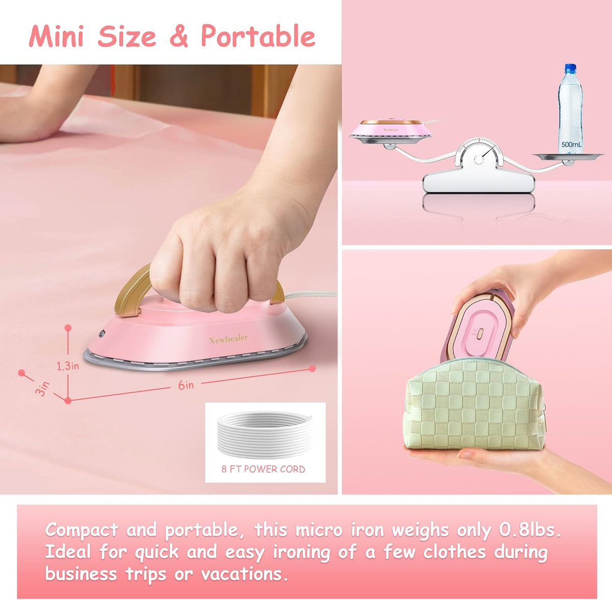 Newbealer Travel Iron with Global Voltage, 100-240V Mini Dry Iron for Clothes (No Steam), Max 300W, 60s Heat Up, 302℉ Non-Stick Ceramic Soleplate, 0.8lbs Ultra-Lightweight (Pink)