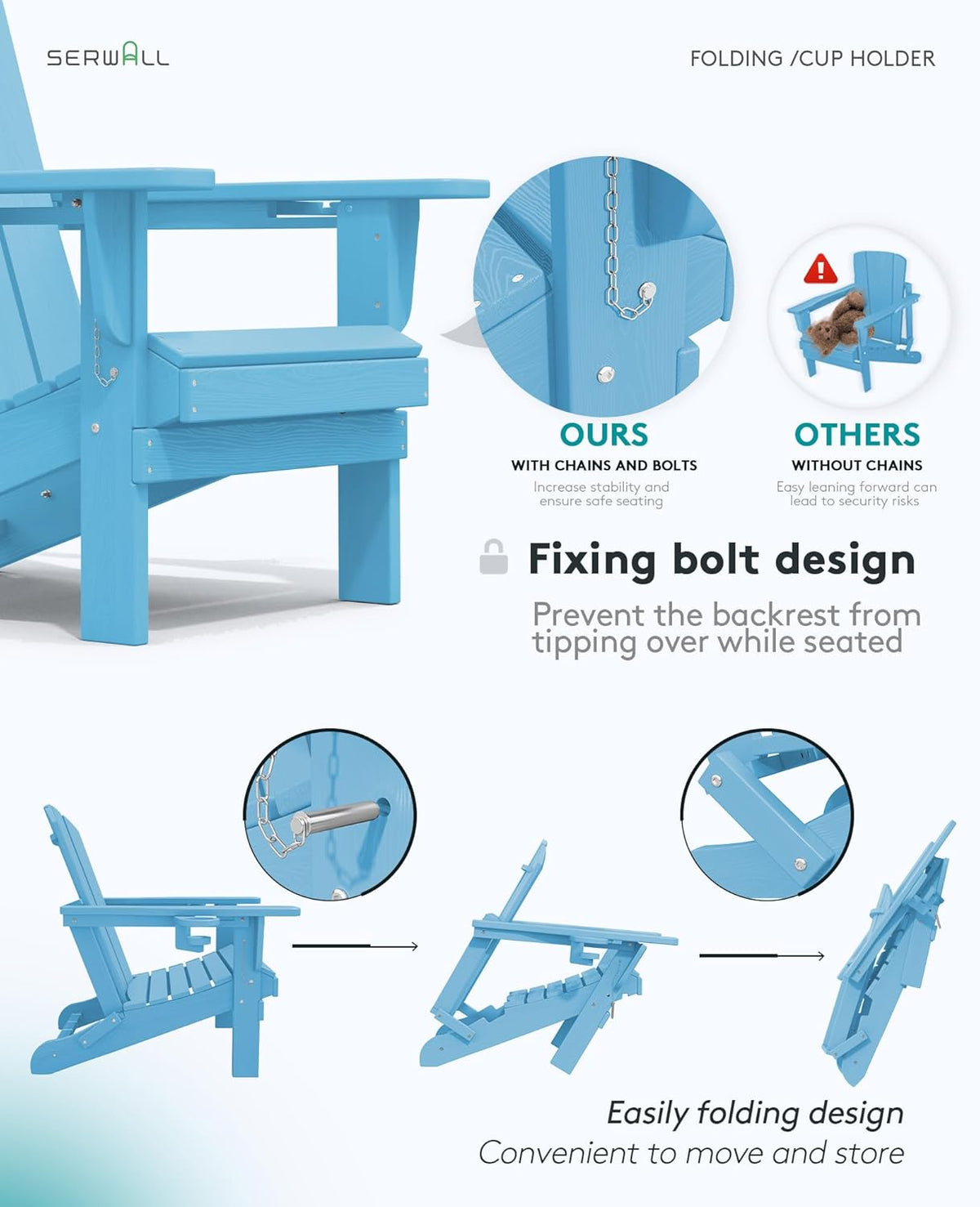 SERWALL Adirondack Chair with Cup Holders - Composite Adirondack Chairs Set of 4 HDPE Outdoor Chairs All Weather Use- Light Blue